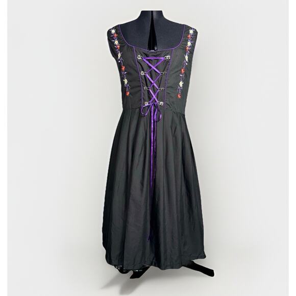 Dirndl World Sz 14 Embroidered Octoberfest Knee Dress Black Floral Corset Scandi - Picture 1 of 5